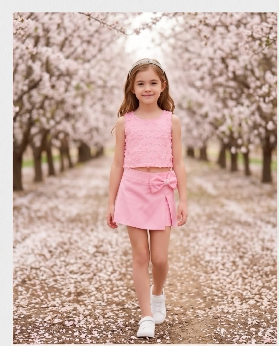 🌸 Cherry Blossom Set | Ροζ σετ με αμάνικο τοπ και φούστα-σορτ με διακοσμητικό φιόγκο.