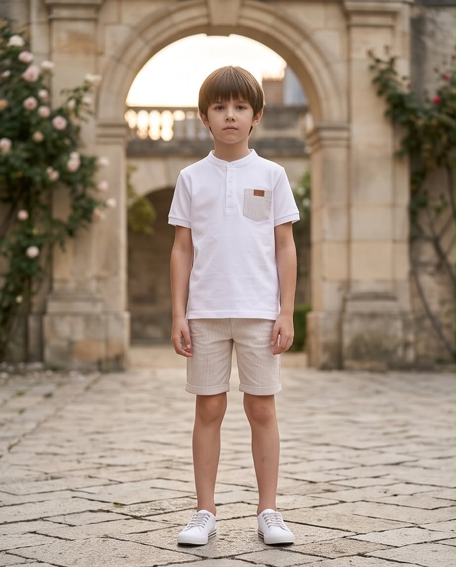 Μalta Set | Σετ με λευκό polo και ριγέ υφασμάτινη βερμούδα