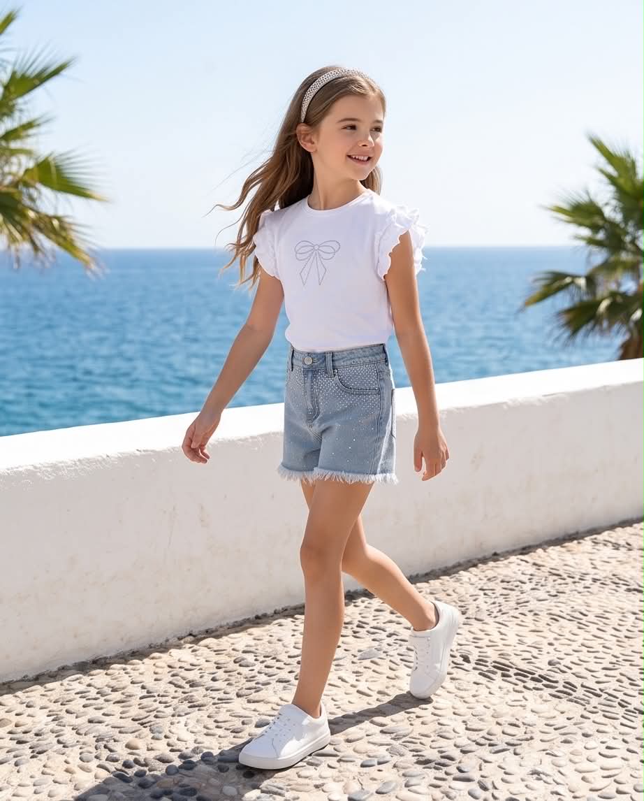 Bella Set | Σετ κορίτσι με λευκή μπλούζα & τζιν σορτς
