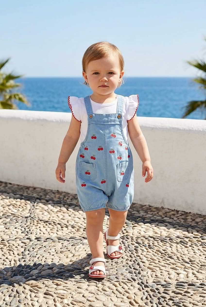 Cherry Denim | Βρεφικό τζιν ολόσωμο σορτς