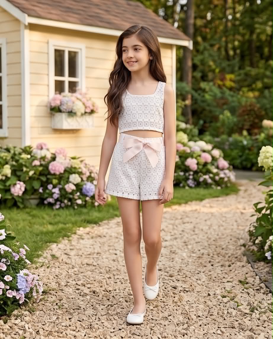 🤍 Ivory Lace Set | Λευκό δαντελένιο σετ με crop top και σορτς.