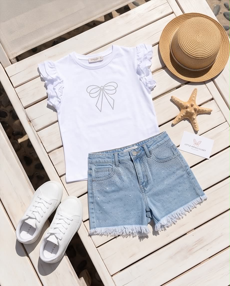 Bella Set | Σετ κορίτσι με λευκή μπλούζα & τζιν σορτς