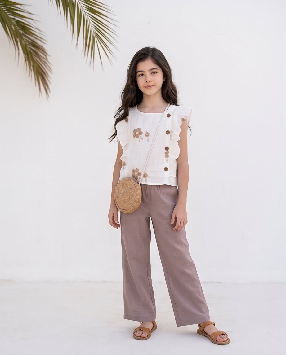 Blossom Linen Set | Λινό σετ με παντελόνα και τσαντάκι - 3 τεμαχίων