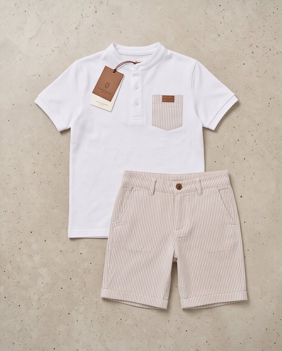 Μalta Set | Σετ με λευκό polo και ριγέ υφασμάτινη βερμούδα