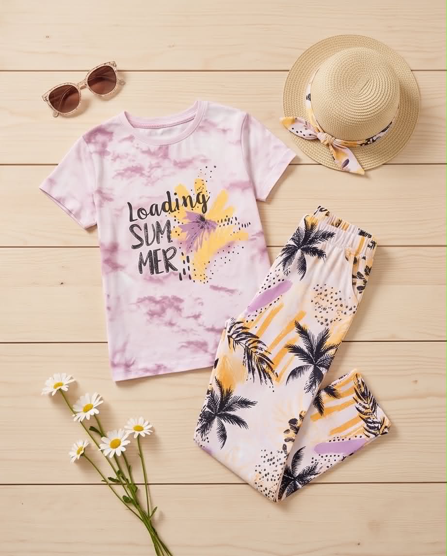 Summer Breeze Set | Σετ κοριτσιού με tie-dye μπλούζα & tropical κολάν