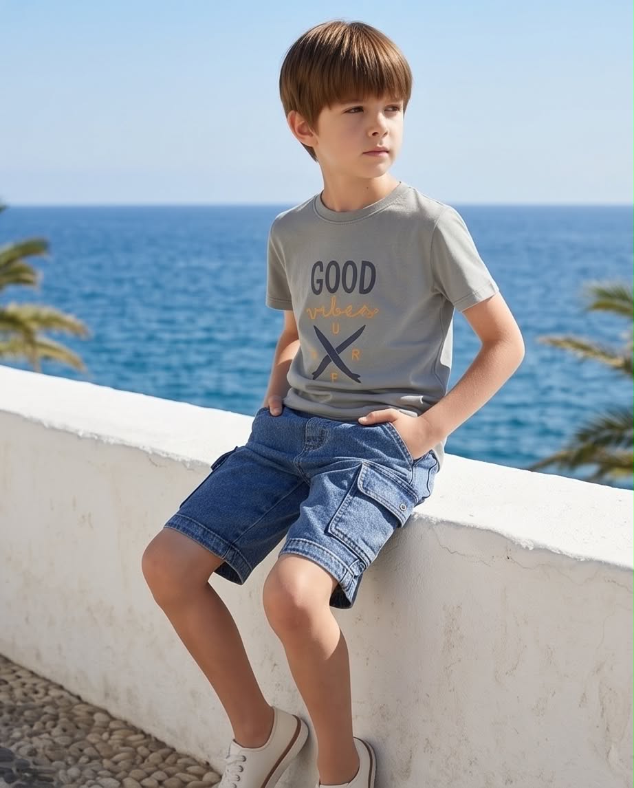 Good Vibes | Παιδικό σετ με κοντομάνικο μπλουζάκι και τζιν cargo βερμούδα
