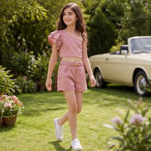 Pink One Shoulder | Κοριτσίστικο υφασμάτινο σετ με ένα ωμο τοπ και σορτ