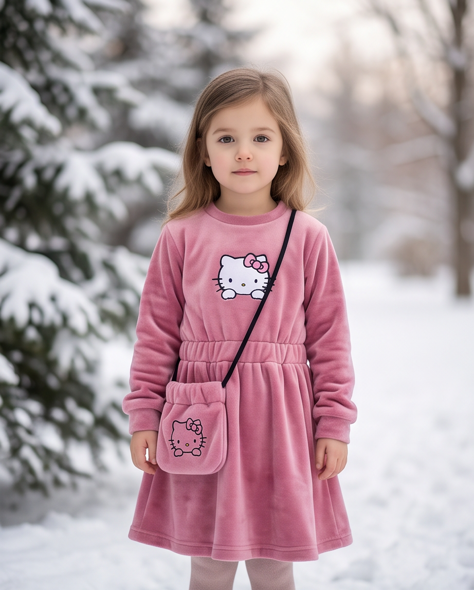 Hello Kitty Velvet | Παιδικό Βελουτέ Φόρεμα με Τσαντάκι