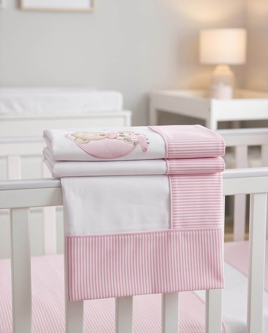 Teddy Train Pink | Βρεφικό Σετ Σεντονιών Κούνιας 3 Τεμαχίων