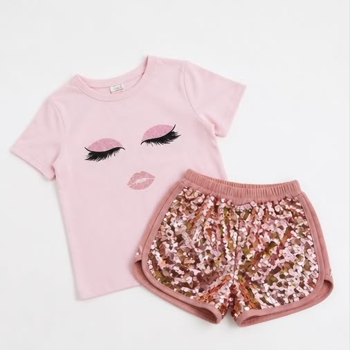Sparkle Set | Σετ κοριτσιού με ροζ μπλούζα & σορτς με παγιέτες