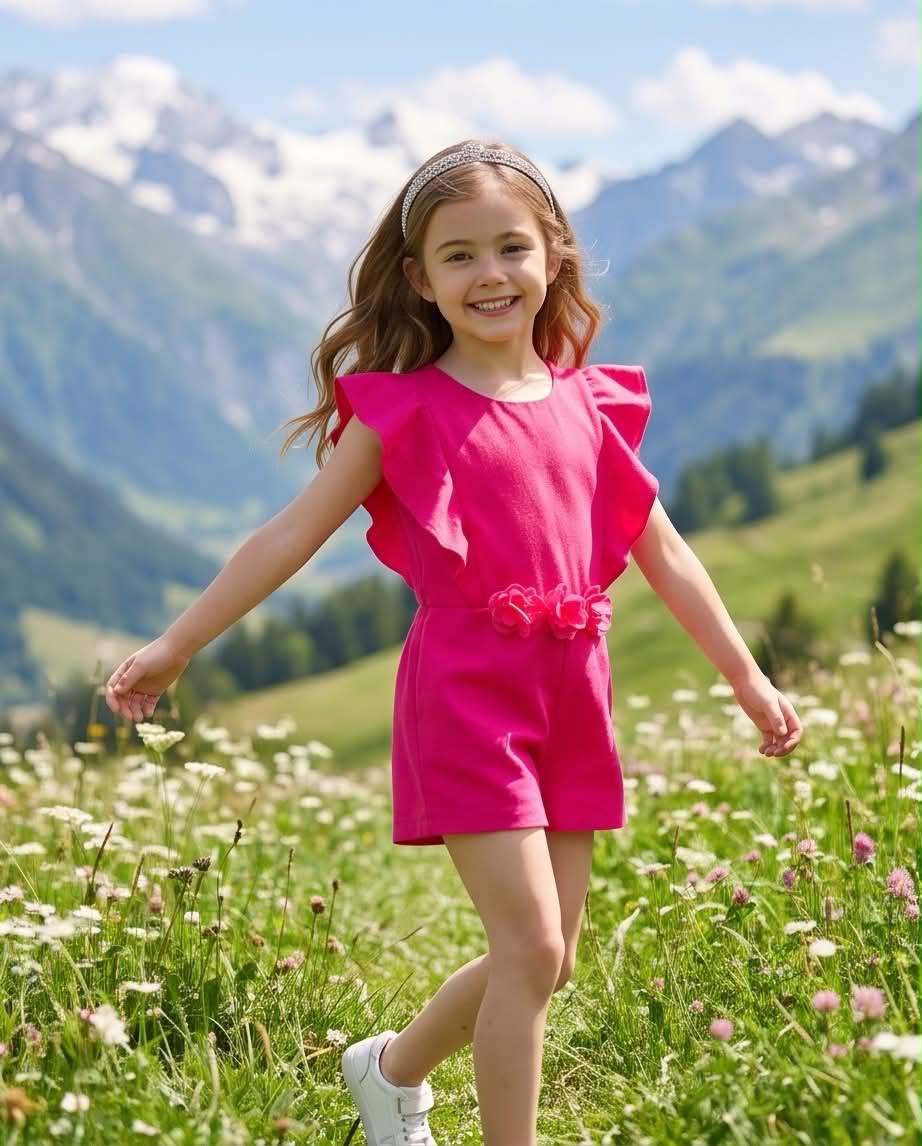 💖 Fuchsia Bloom Playsuit | Φούξια Ολόσωμο σορτς με διακοσμητικά λουλούδια στη μέση