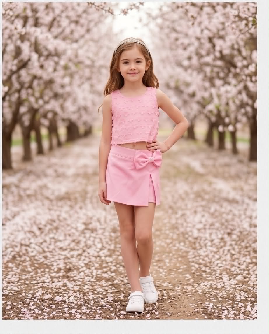 🌸 Cherry Blossom Set | Ροζ σετ με αμάνικο τοπ και φούστα-σορτ με διακοσμητικό φιόγκο.